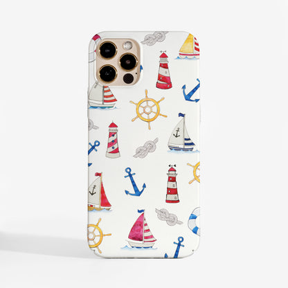 Summer Boats phone case feturing watervolour boats and marine elements — a stylish, protective phone case with clear sides and smooth matte print finish for iPhone, Samsung, and Google Pixel.