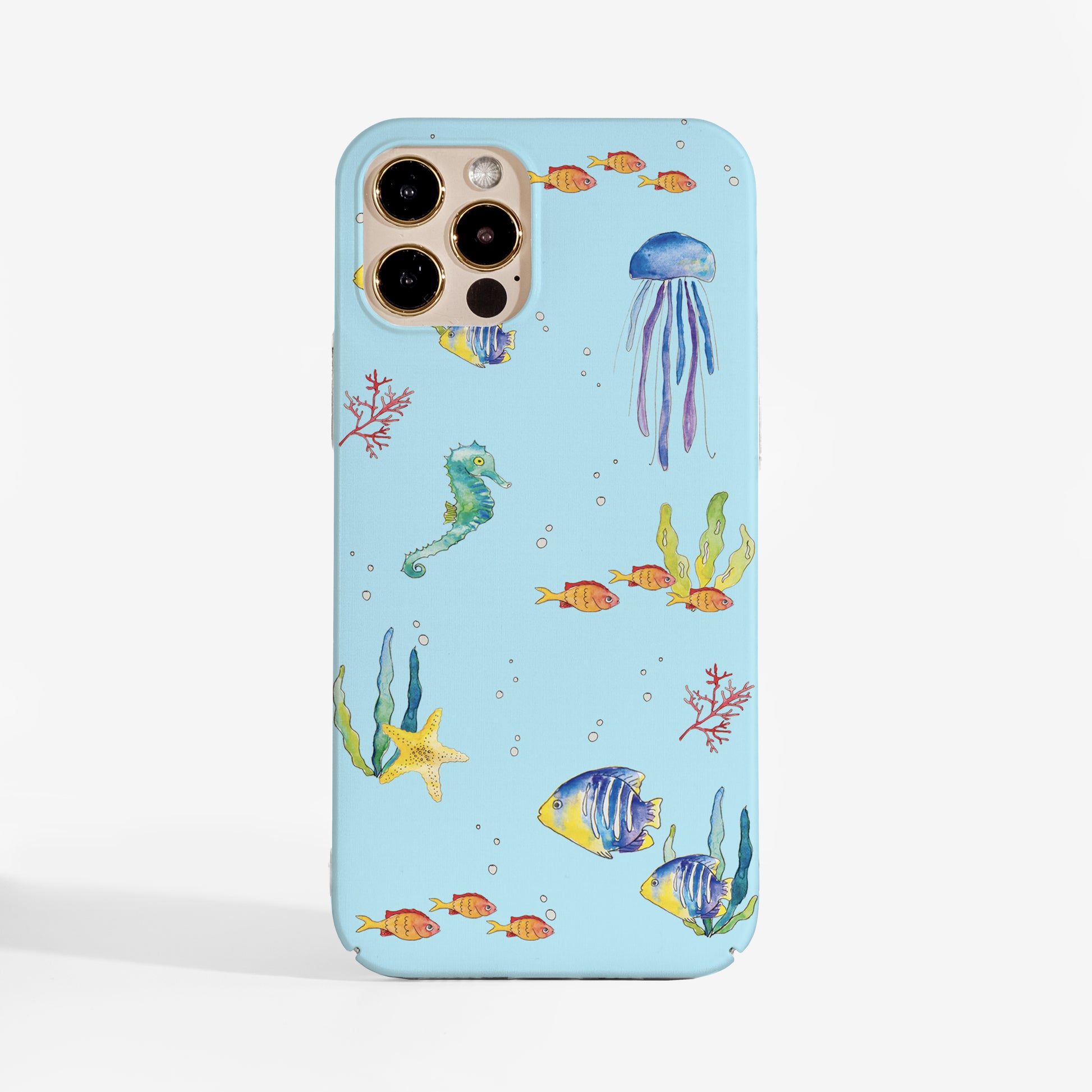 Phone case with underwater design featuring watercolour undersea animals on a light blue background, perfect for the Summer season