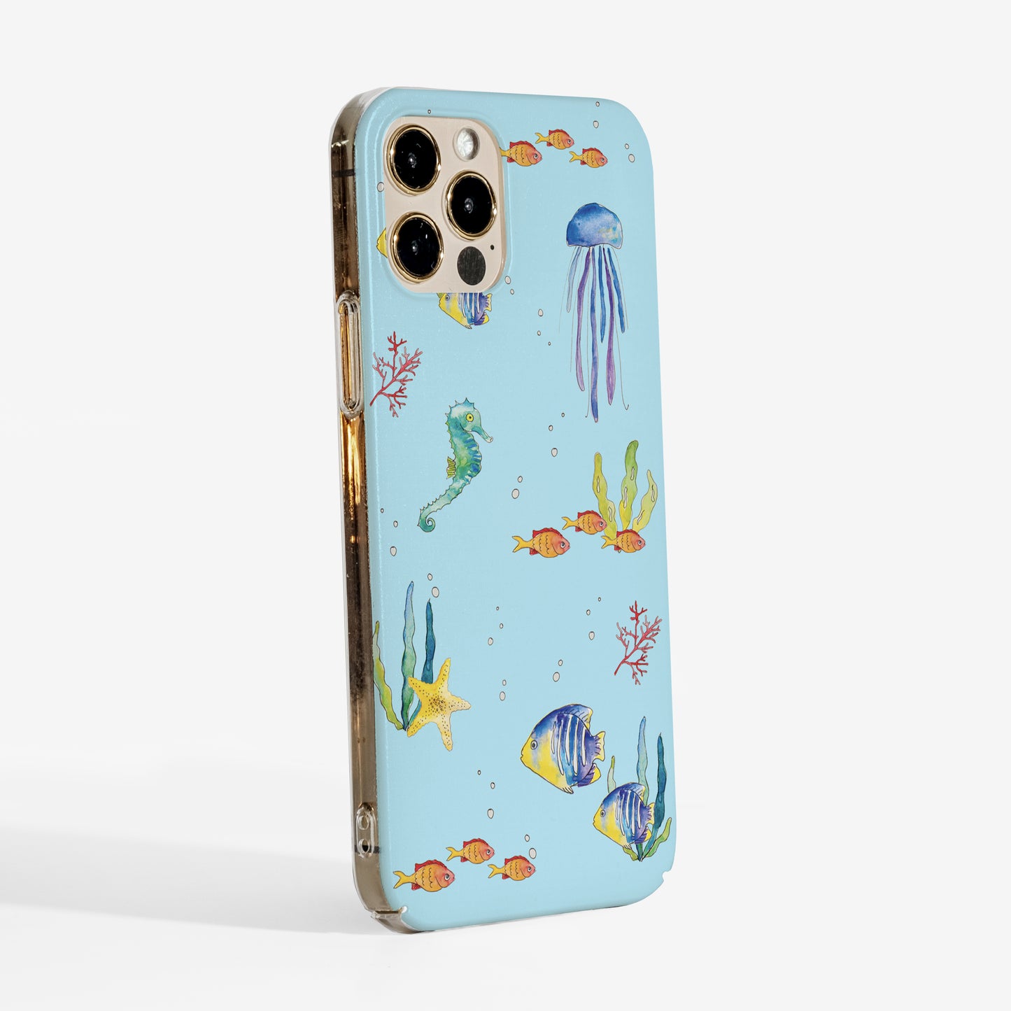 Side view of Under the Sea Phone case with watercolour underwater design and clear sides for slim and durable protection
