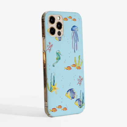 Side view of Under the Sea Phone case with watercolour underwater design and clear sides for slim and durable protection