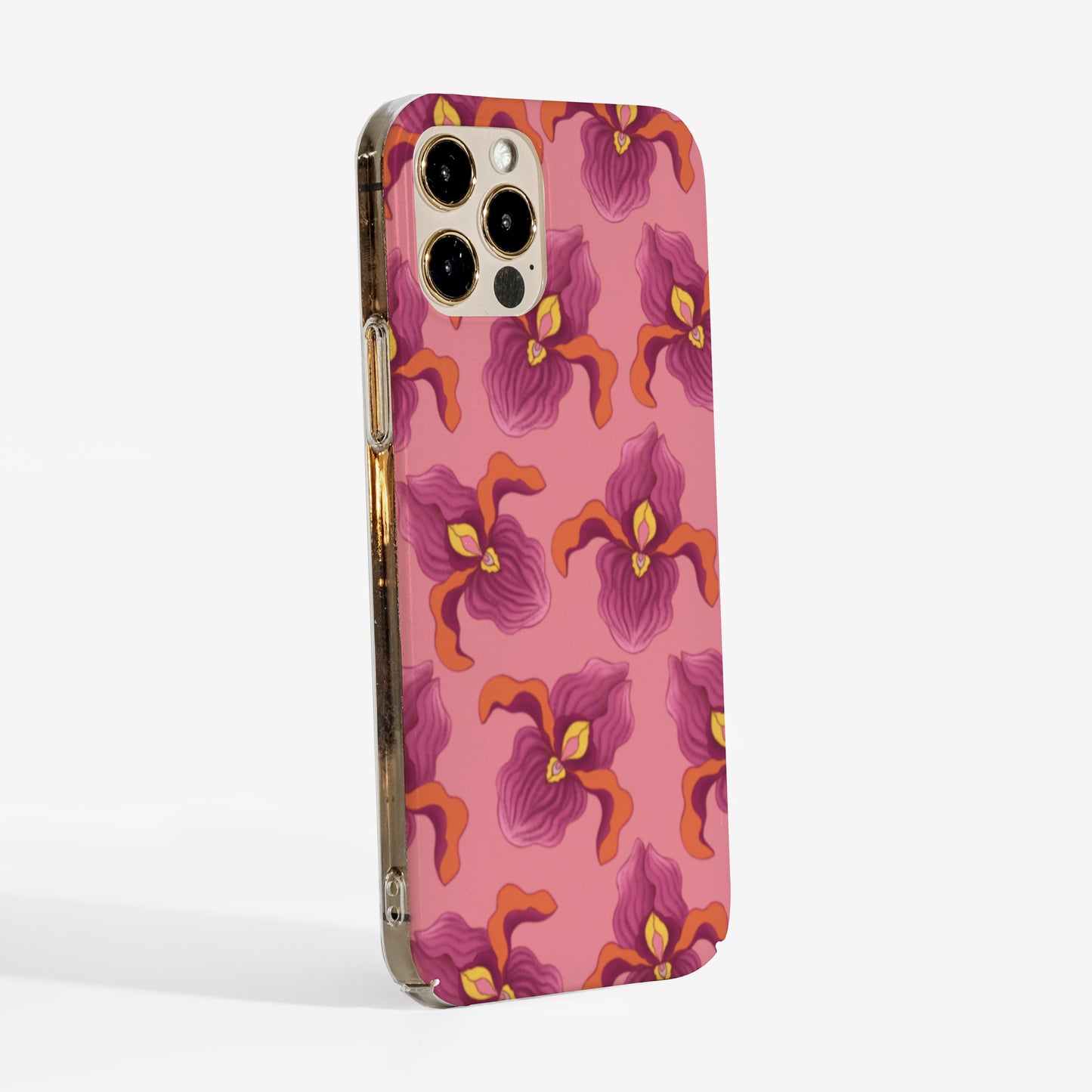 Side view of Phone case with pink feminist floral pattern on a bright pink background showing clear sides and slim profile