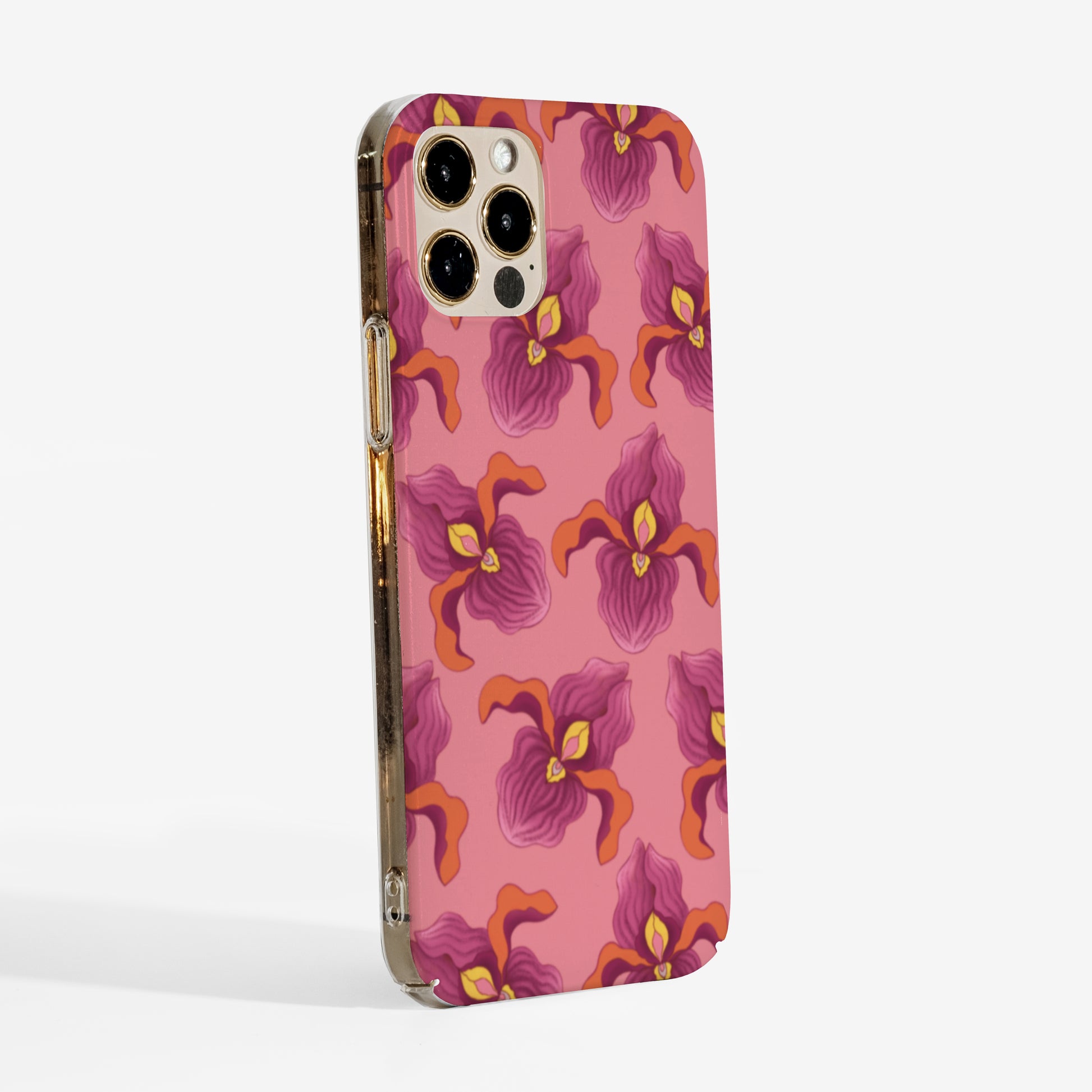 Side view of Phone case with pink feminist floral pattern on a bright pink background showing clear sides and slim profile