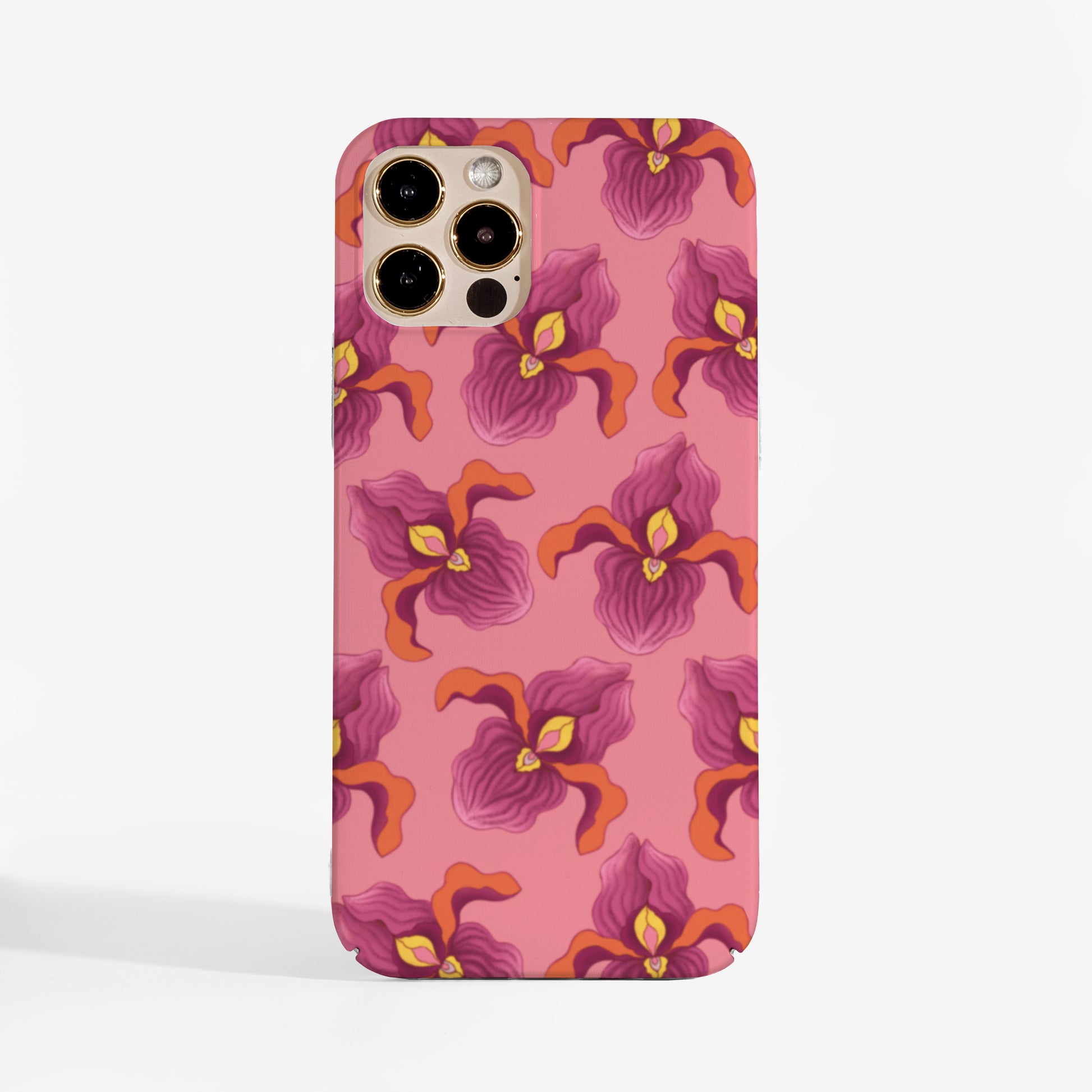 Phone case with pink feminist floral pattern on a bright pink background