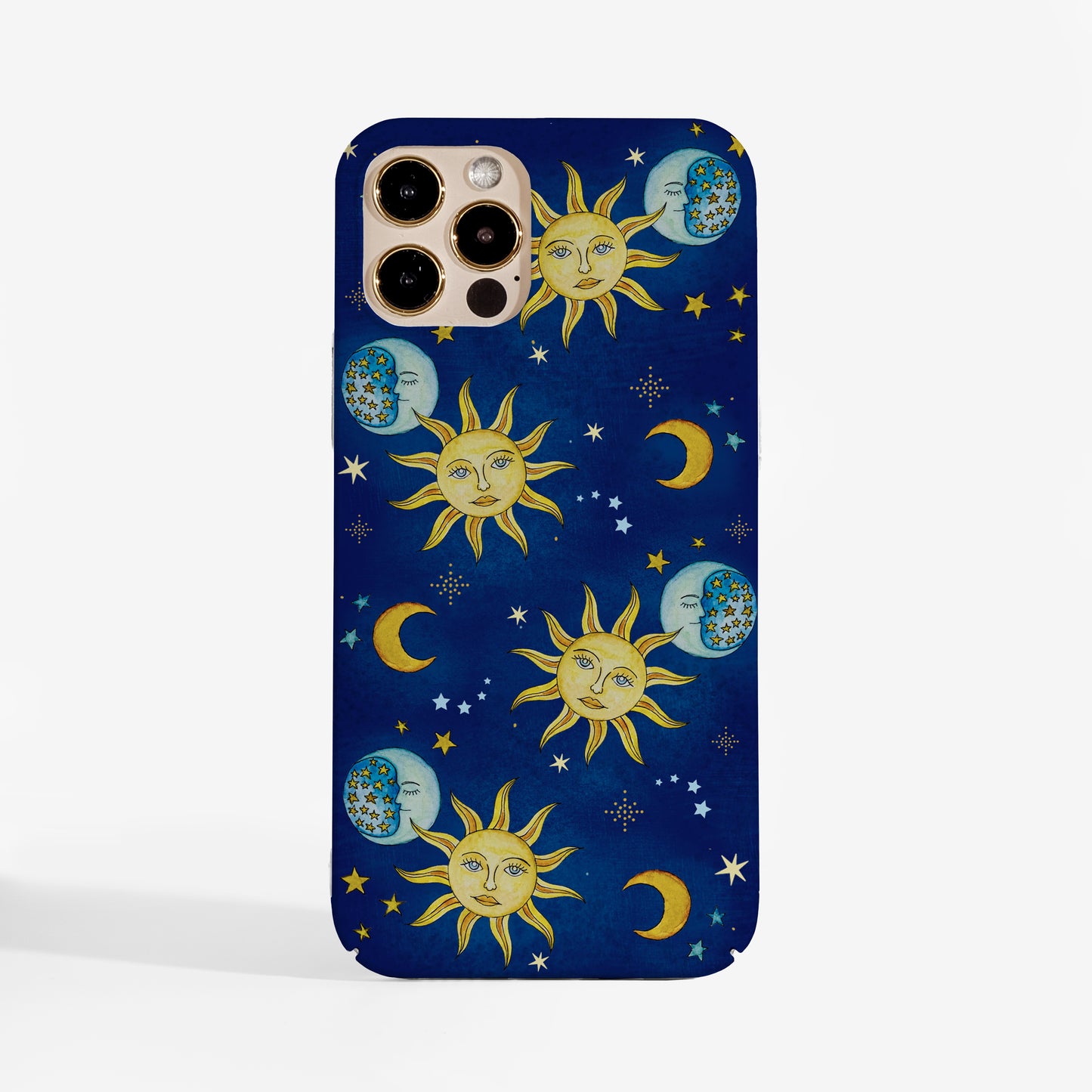 Celestial designer phone case — stylish art phone case featuring moons, stars, and suns in vintage style.