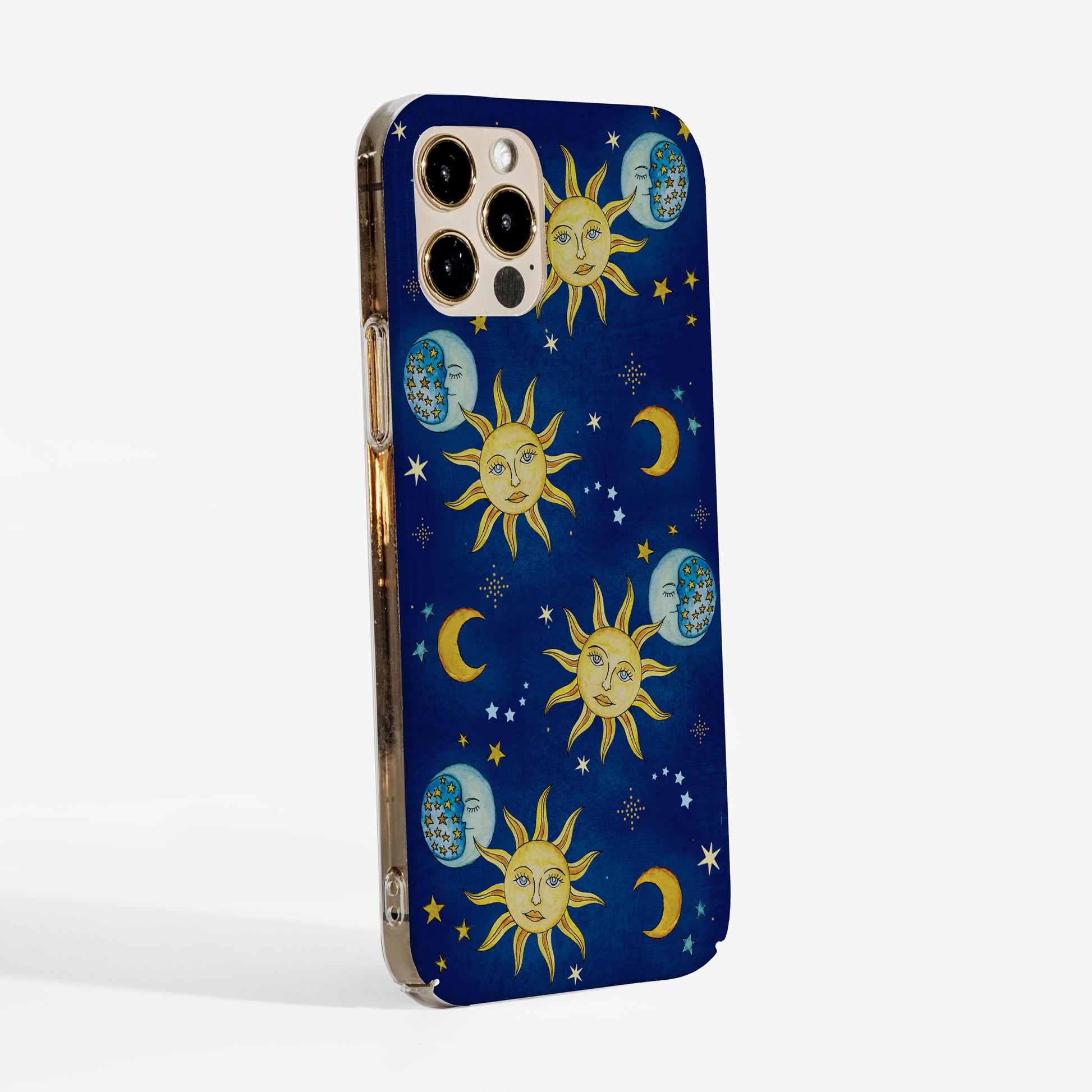 Side view showing slim matte finish and clear side protection of the celestial phone case.