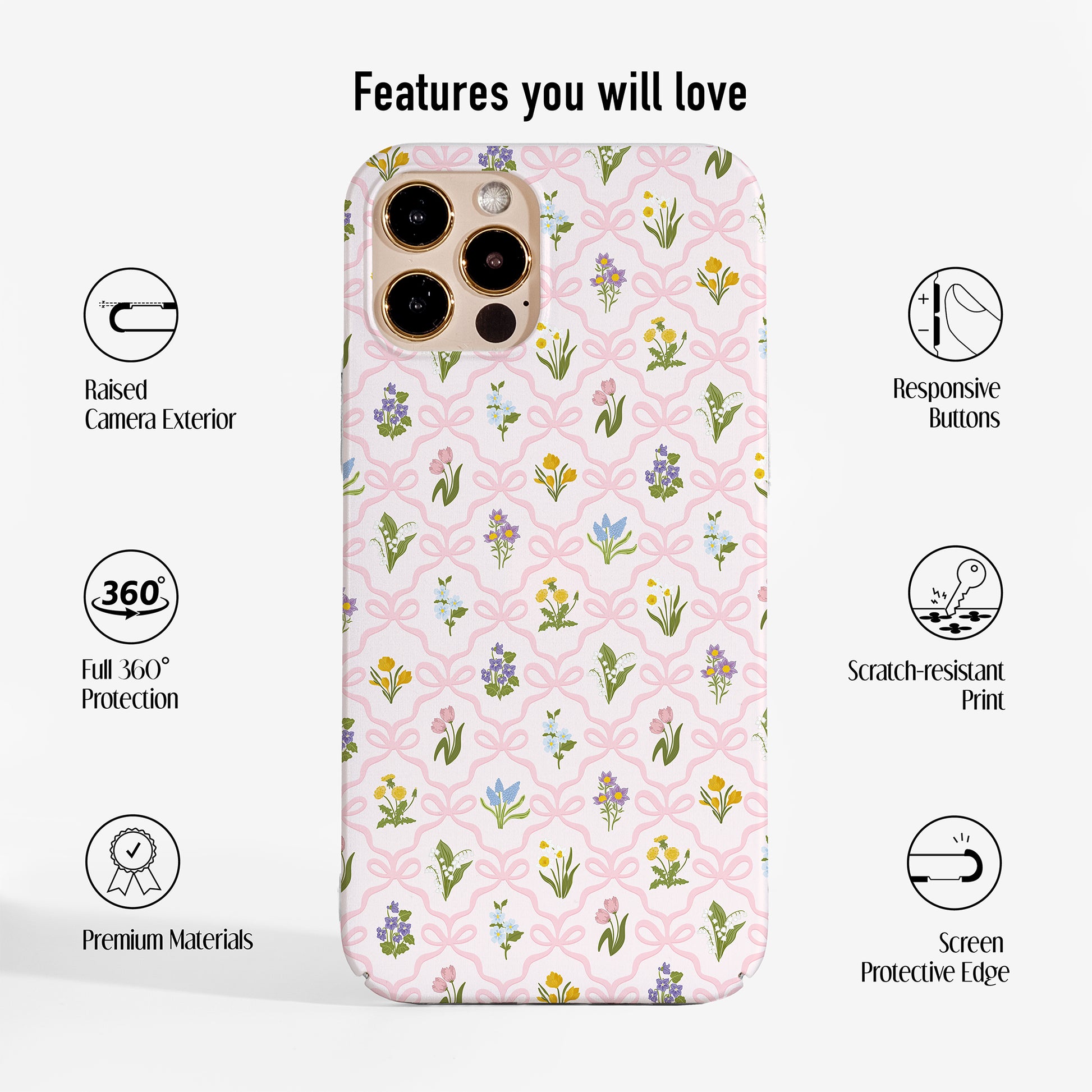 Hard plastic phone case with a vintage wildflower and pink bow pattern, featuring a slim profile, precise cut-outs and durable scratch-resistant print.