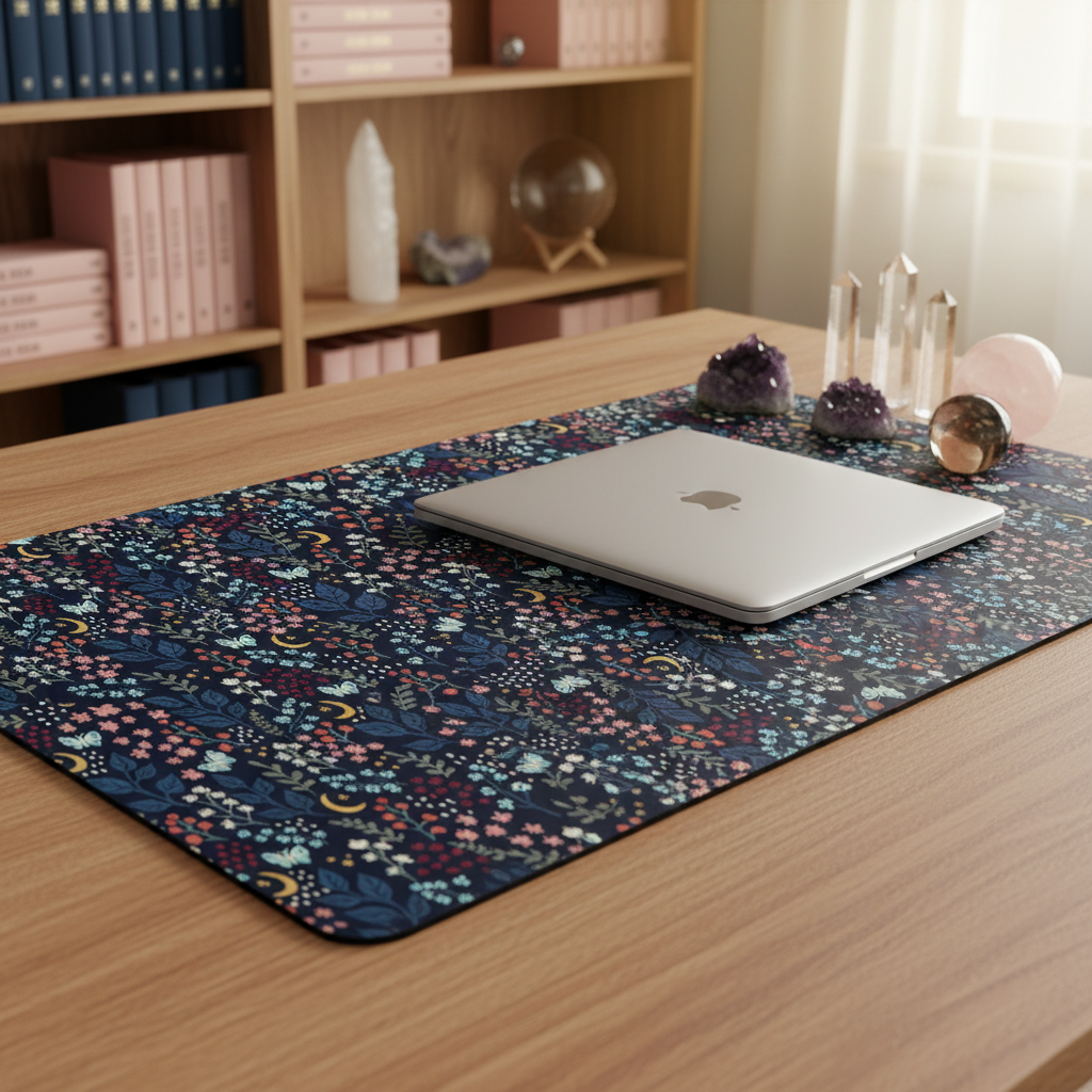 Warm bright esoteric desk scene, closed MacBook, crystal bookshelves, side angle