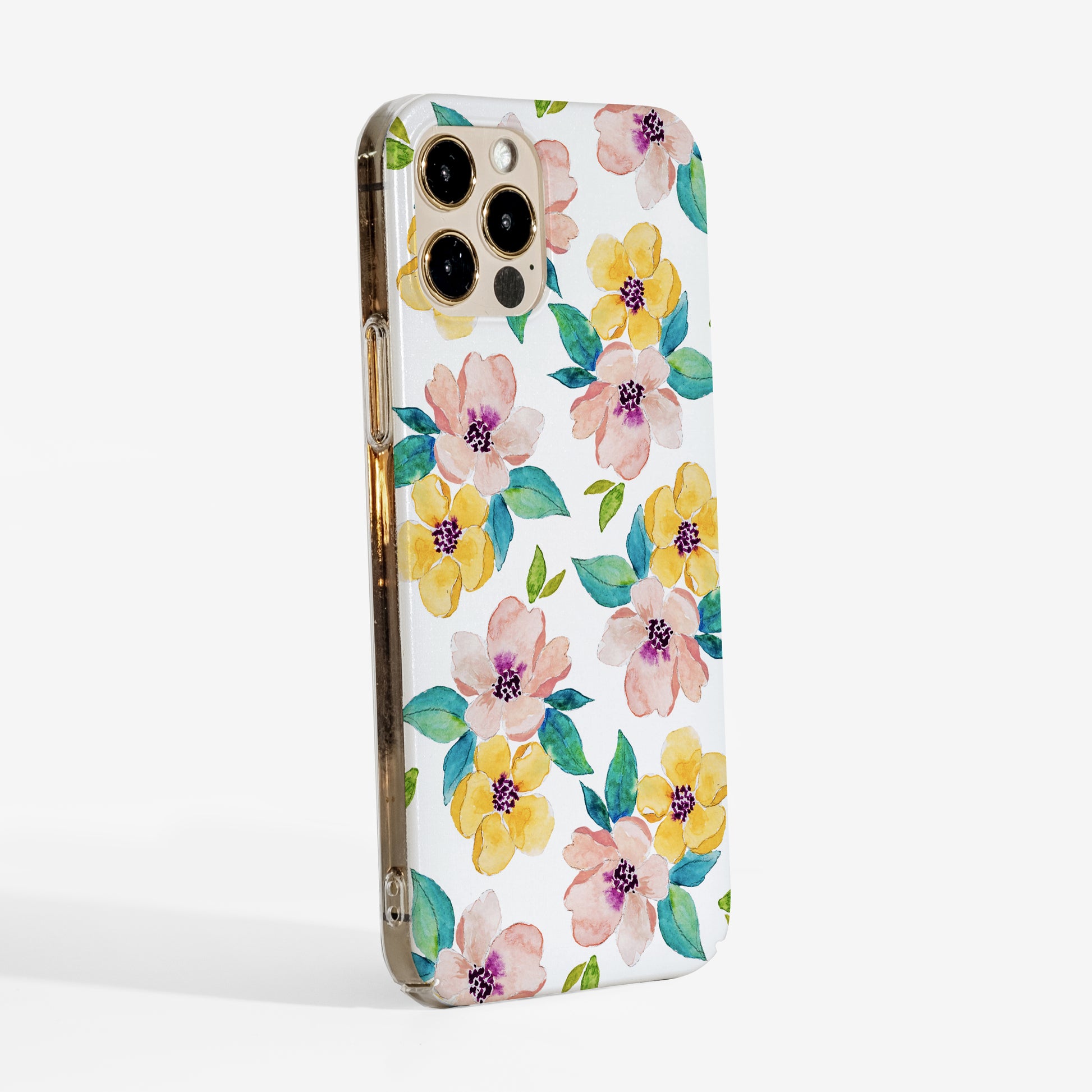 Side view of Pretty watercolour Floral Phone case with trasnparent sides for elegant and minimal look 