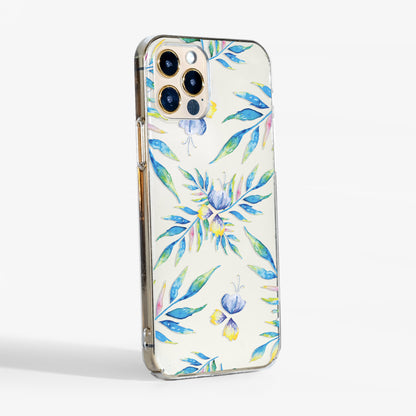Side view of watercolour clear Phone case with floral design on a clear background and sides