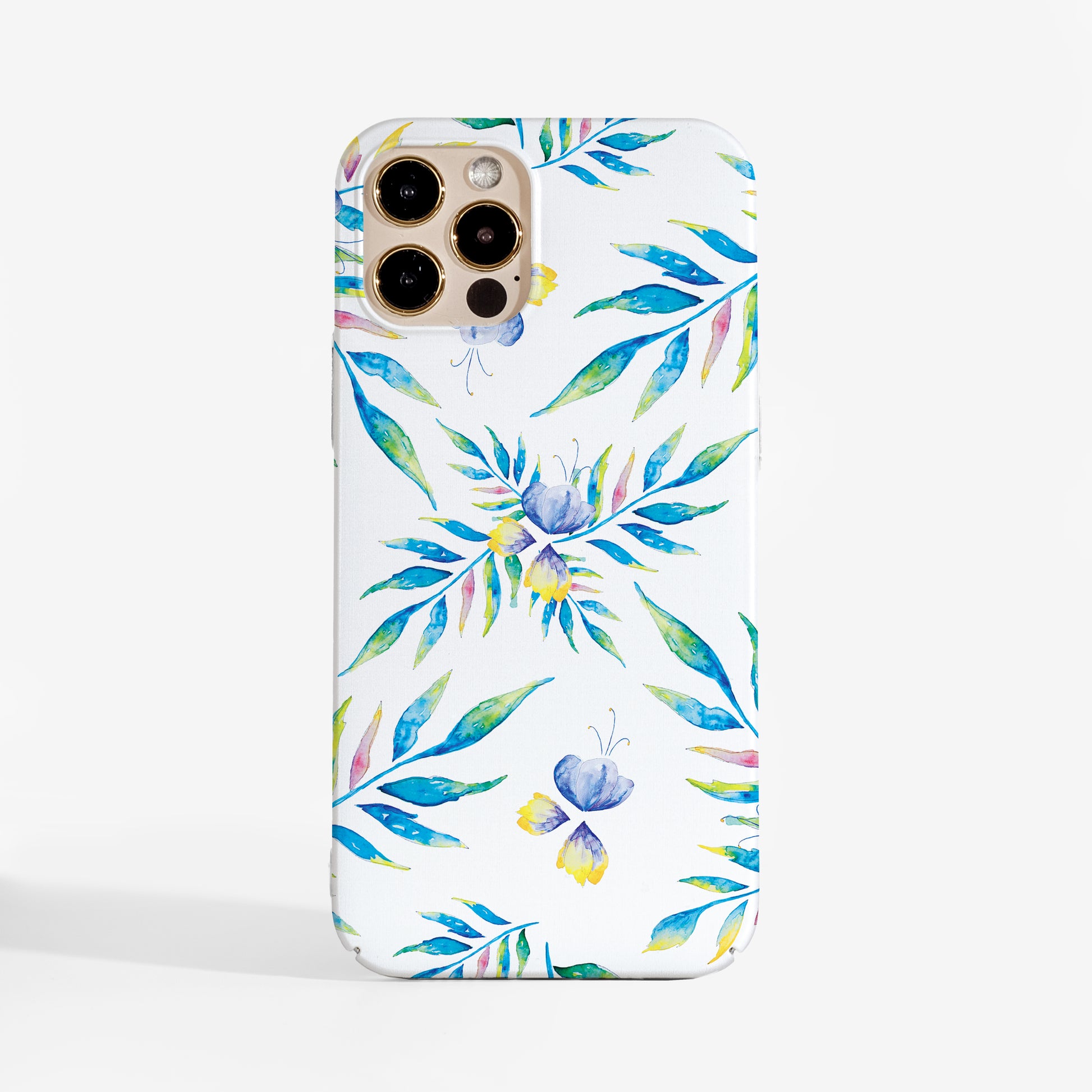 Phone case with watercolour floral pattern on a white background