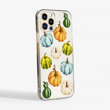 Side view showing clear phone case with watercolour pumpkins and transparent sides - slim and durable fit for iPhone, Samsung and Google Pixel 