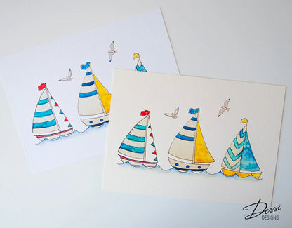 cute watercolour print with boats on a white background 