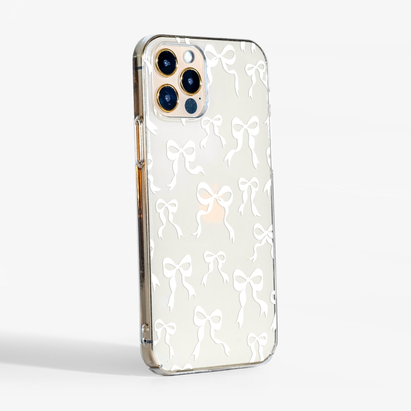  White Bow Clear phone Case showing transparent sides and slim fit