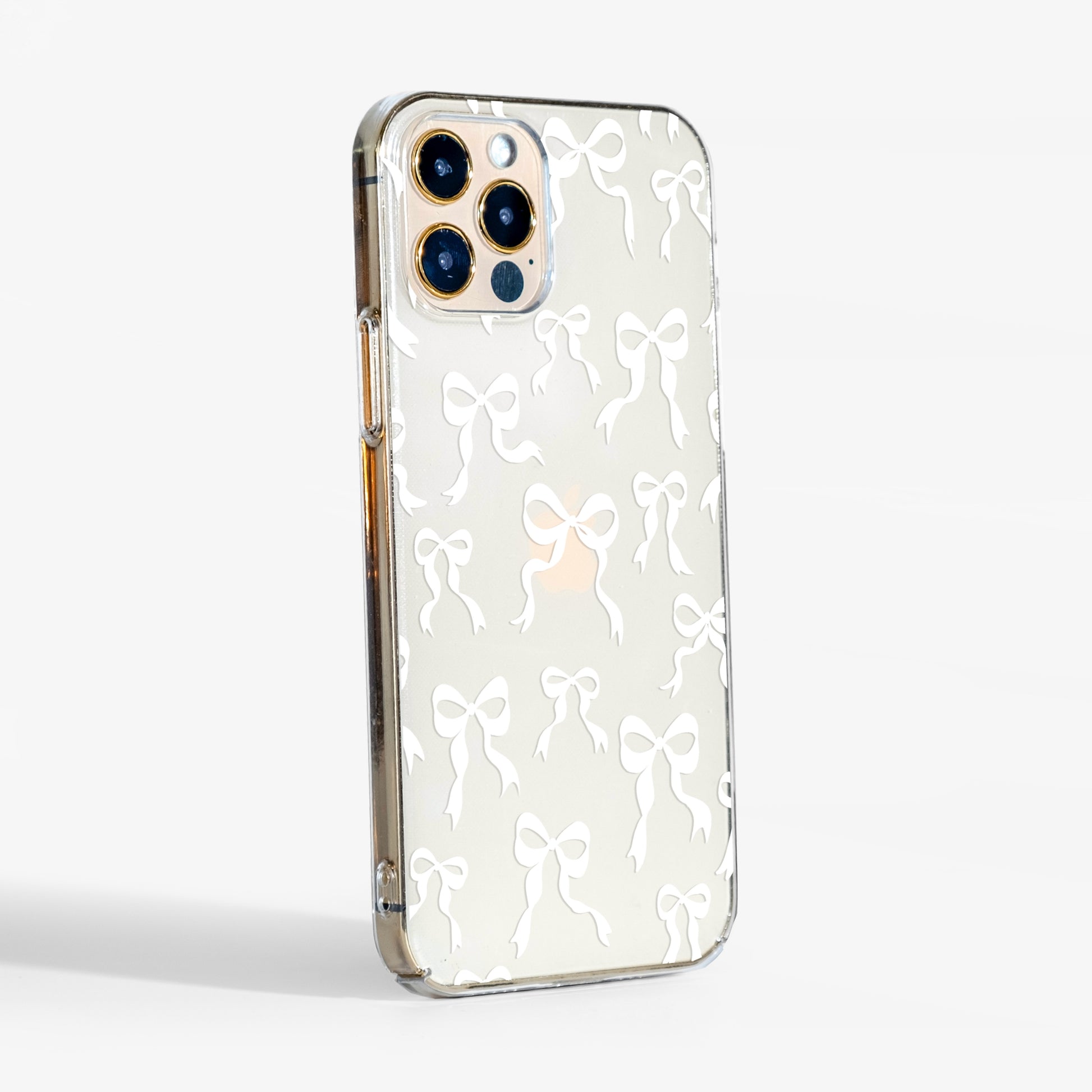  White Bow Clear phone Case showing transparent sides and slim fit