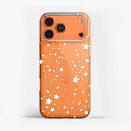 Clear phone case with white star design - cute and protective tech accessory for your iPhone, Samsung, or Google Pixel. 