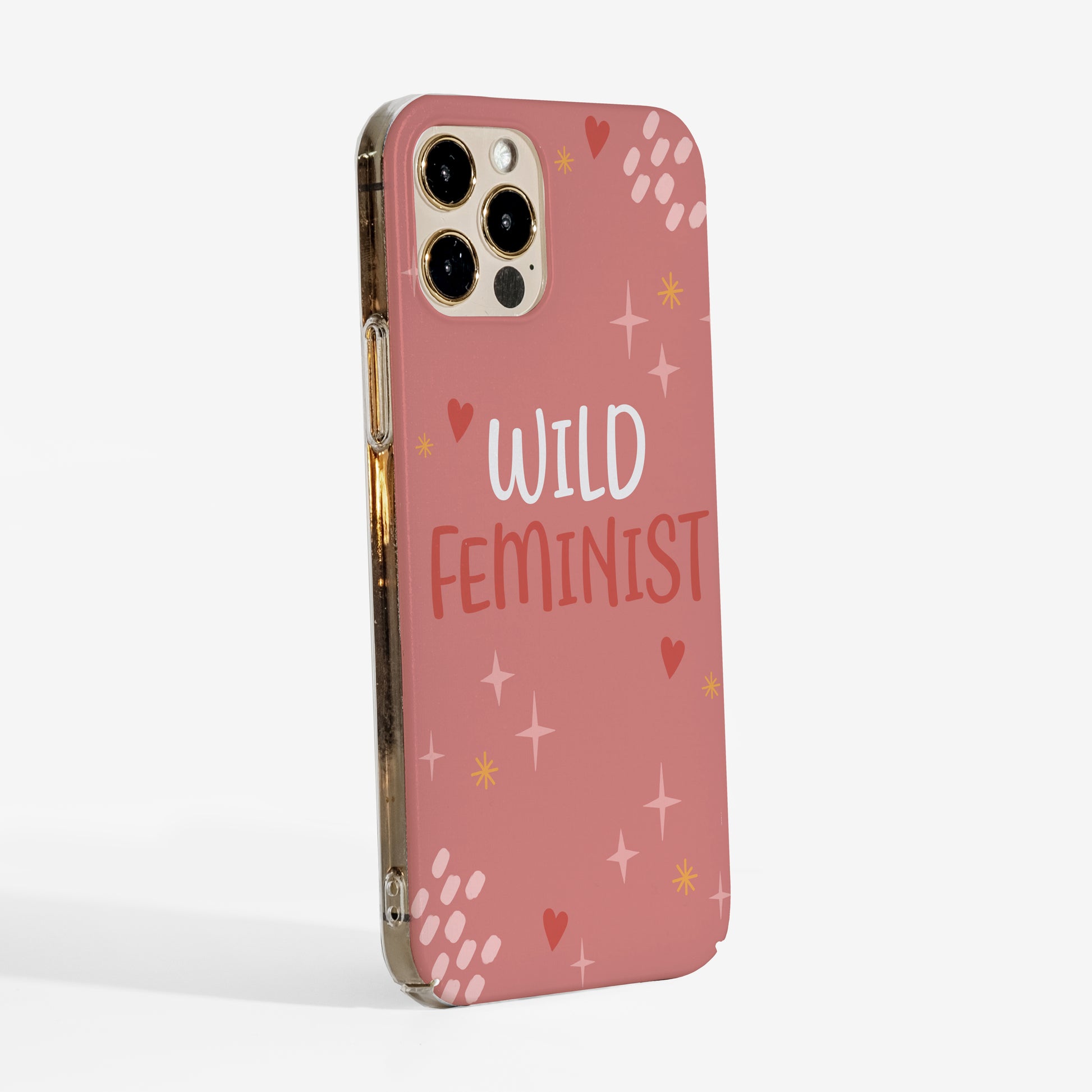 Pretty Phone case with 'Wild Feminist' text on a pink background and trasnparent sides