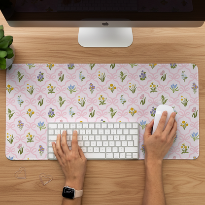 Wildflower desk mat featuring vintage-inspired spring flowers and a pink bow lattice pattern