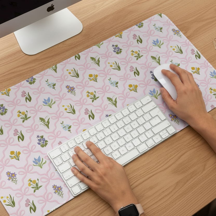Floral desk mat with tulips, daffodils, forget-me-nots and pink bows, adding a cottage garden touch to a workspace.