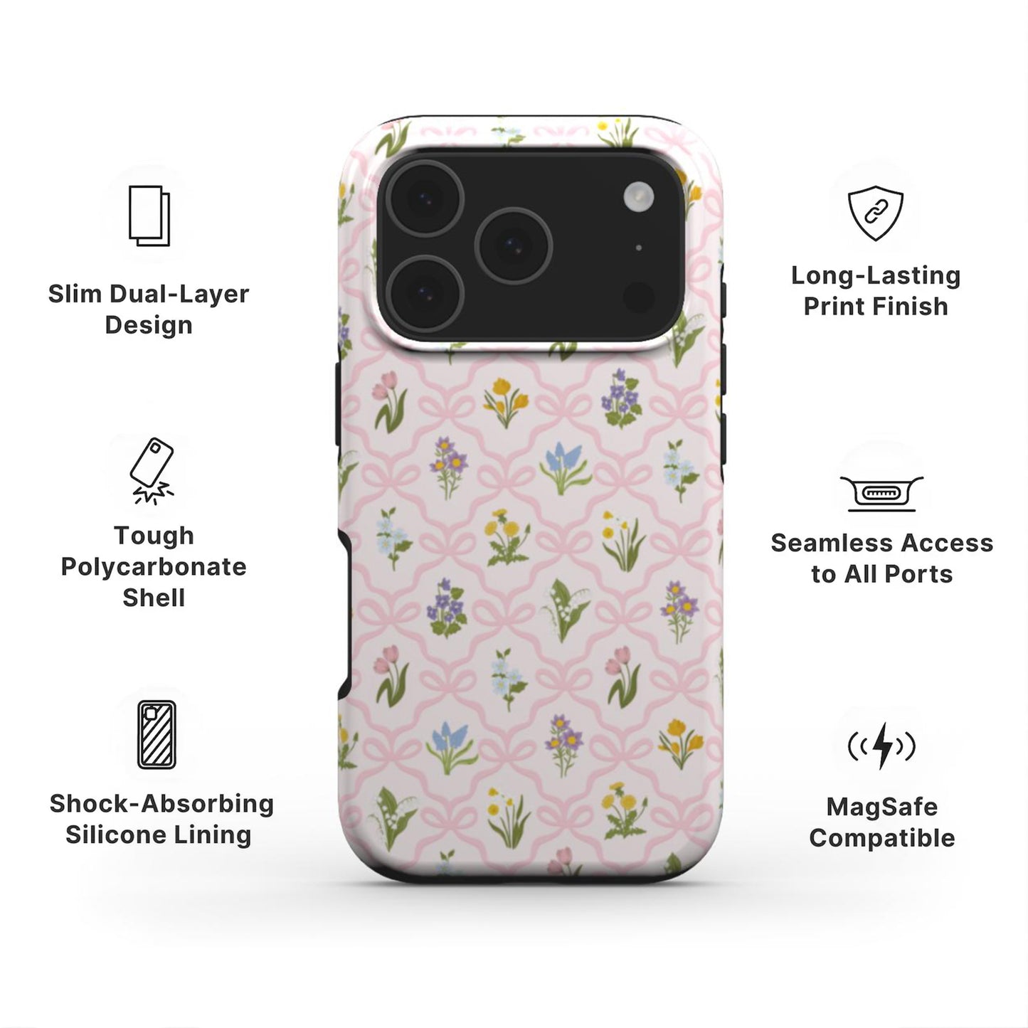 Protective tough phone case featuring spring wildflowers and pink bows, with dual-layer construction, MagSafe compatibility and durable all-over print.