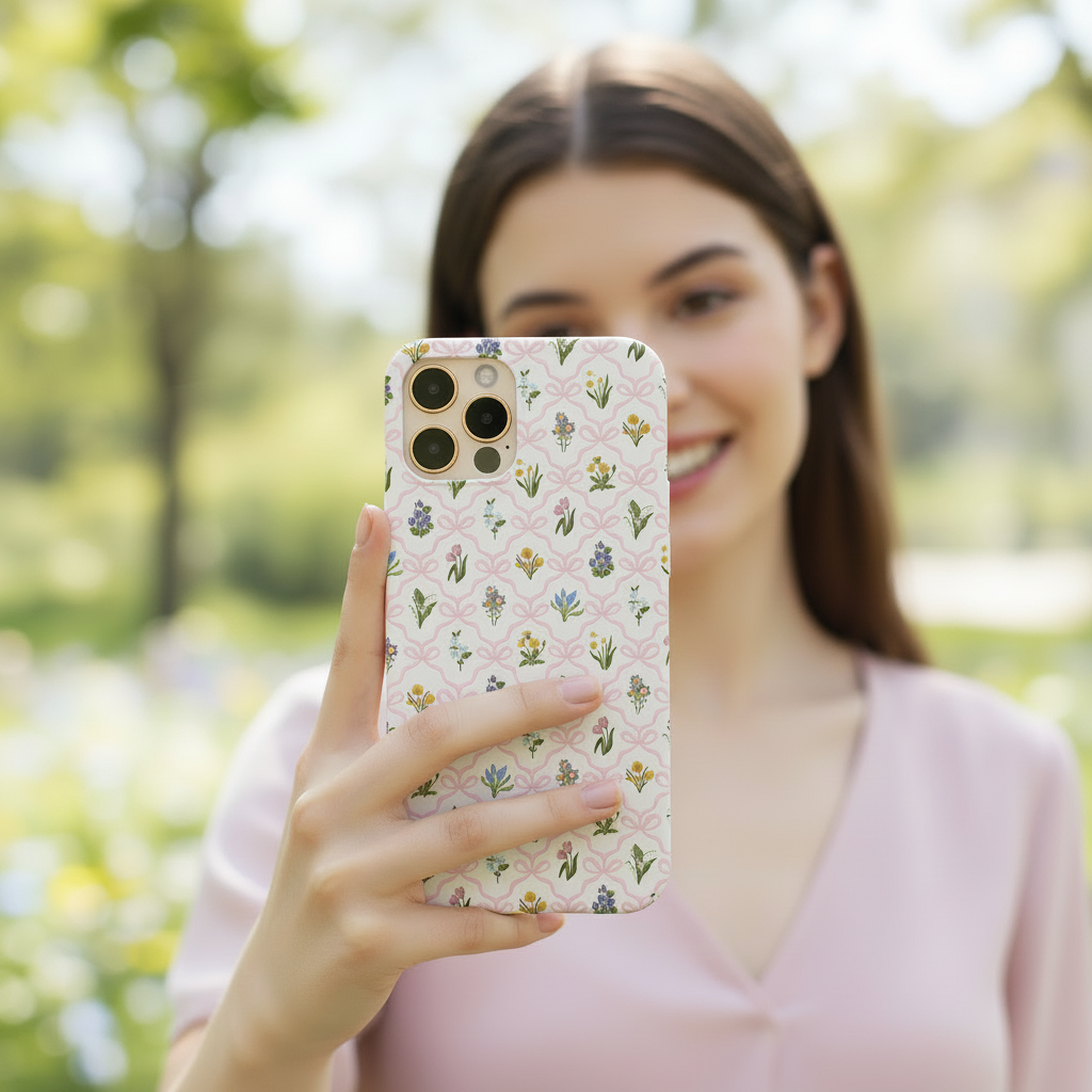 Wildflowers phone case shown in everyday use, featuring delicate spring flowers and a soft pink bow pattern inspired by English cottage gardens.