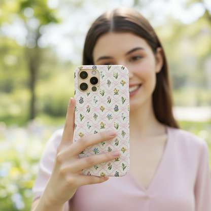 Wildflowers phone case shown in everyday use, featuring delicate spring flowers and a soft pink bow pattern inspired by English cottage gardens.