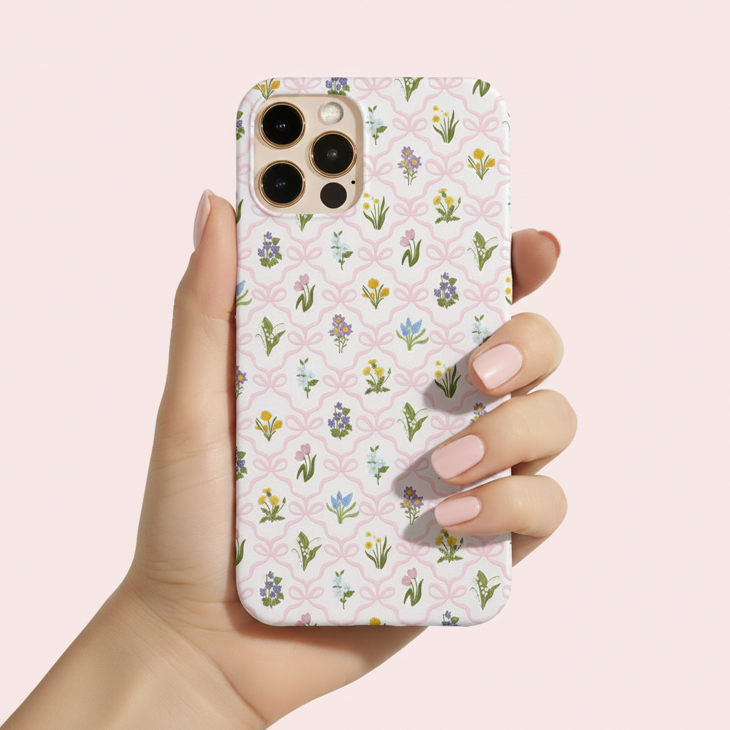 Wildflower phone case featuring vintage-inspired spring flowers including tulips, daffodils, forget-me-nots and lily of the valley on a blush pink bow lattice pattern.