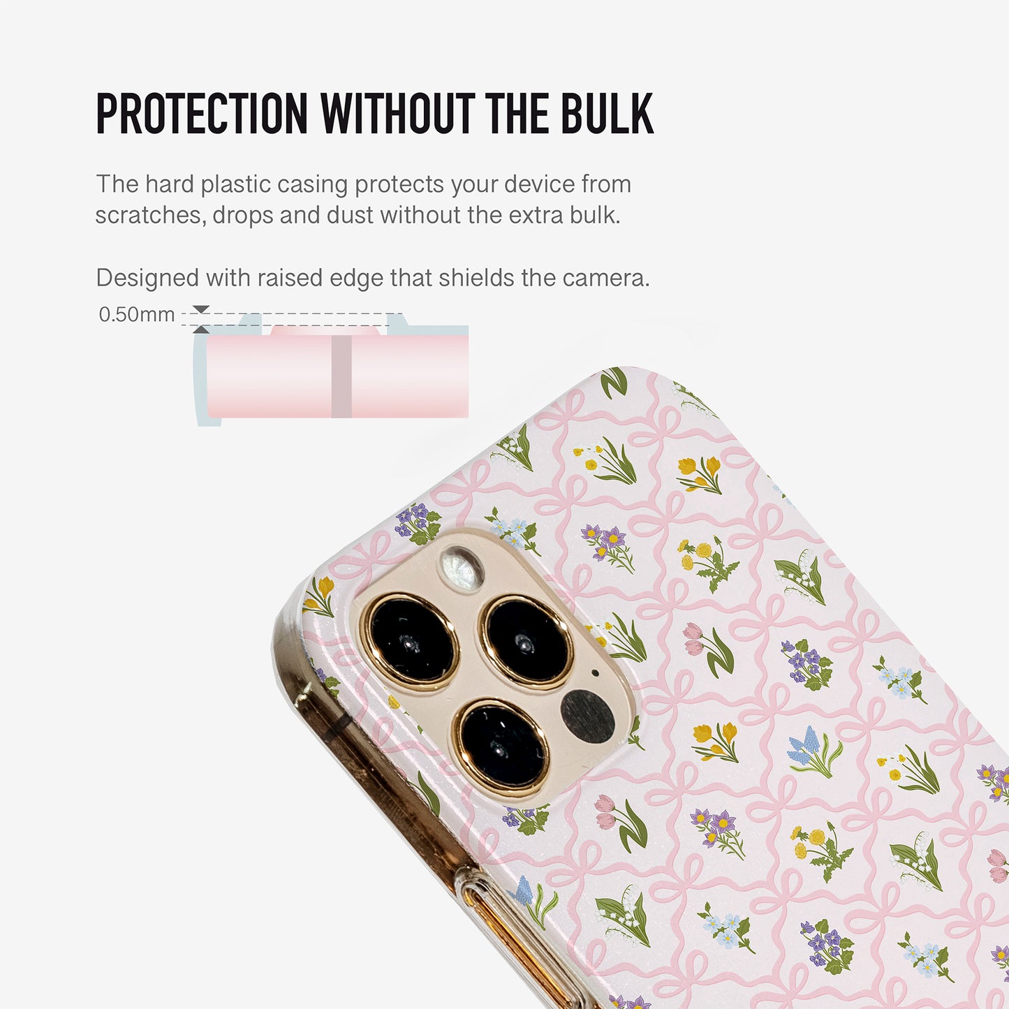Grandmillennial floral phone case with raised camera protection, featuring a vintage wildflower and pink bow pattern 
