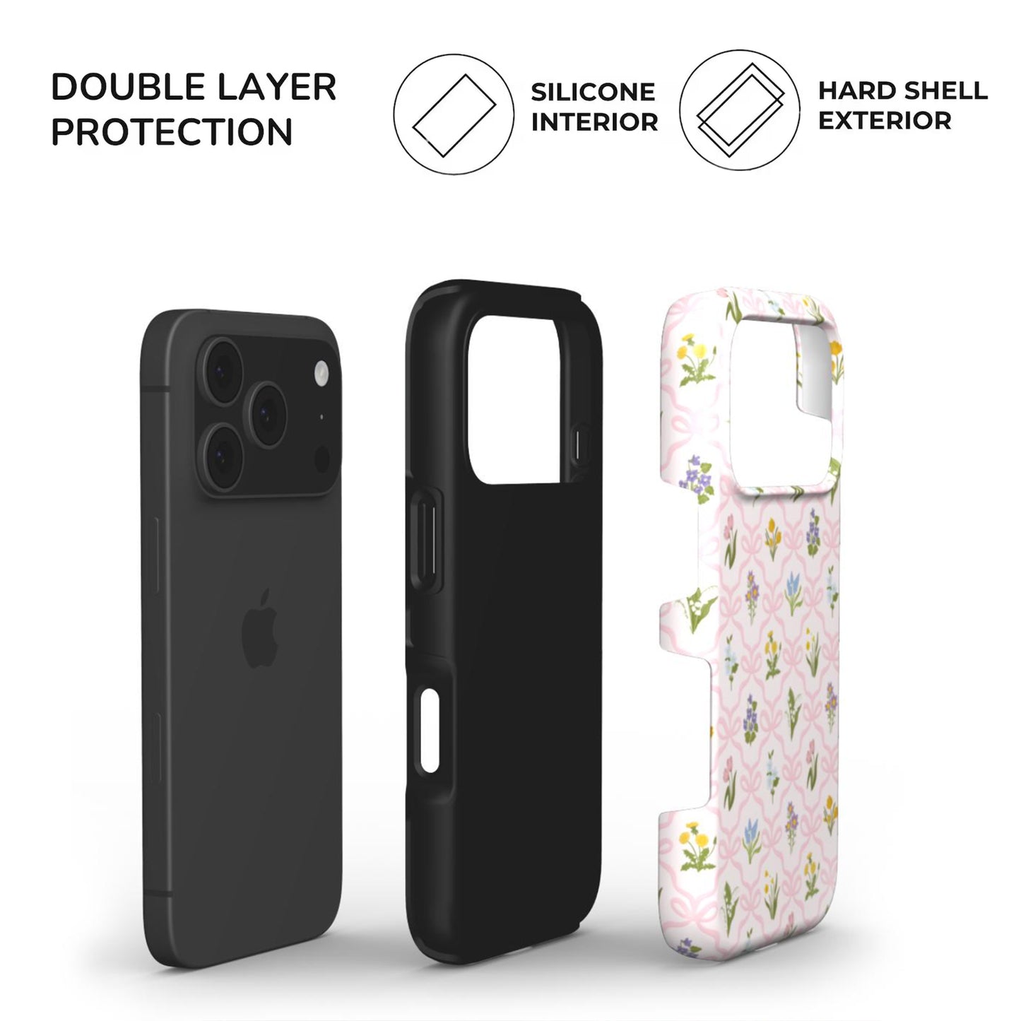 Protective tough phone case featuring spring wildflowers and pink bows, with dual-layer construction,