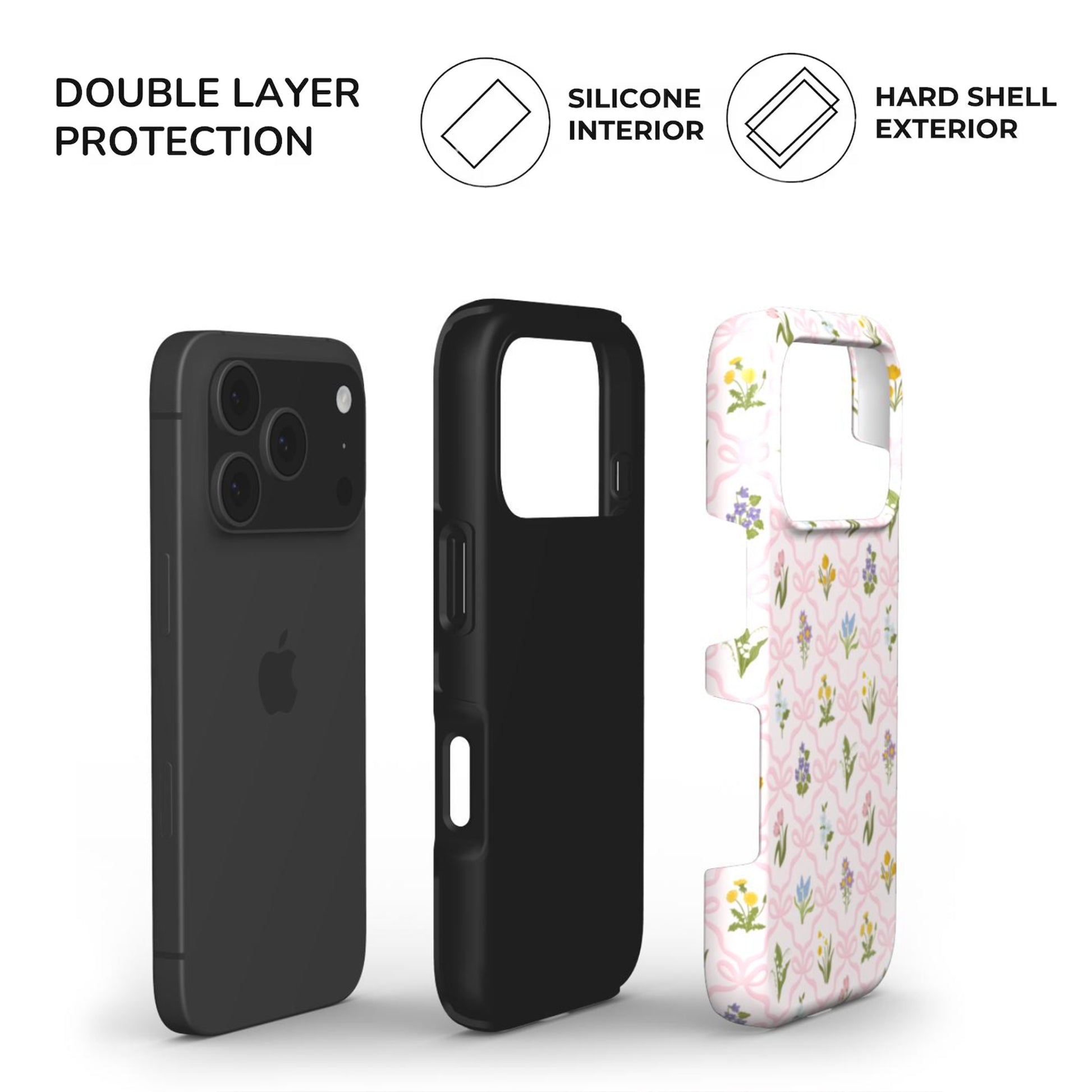 Protective tough phone case featuring spring wildflowers and pink bows, with dual-layer construction,