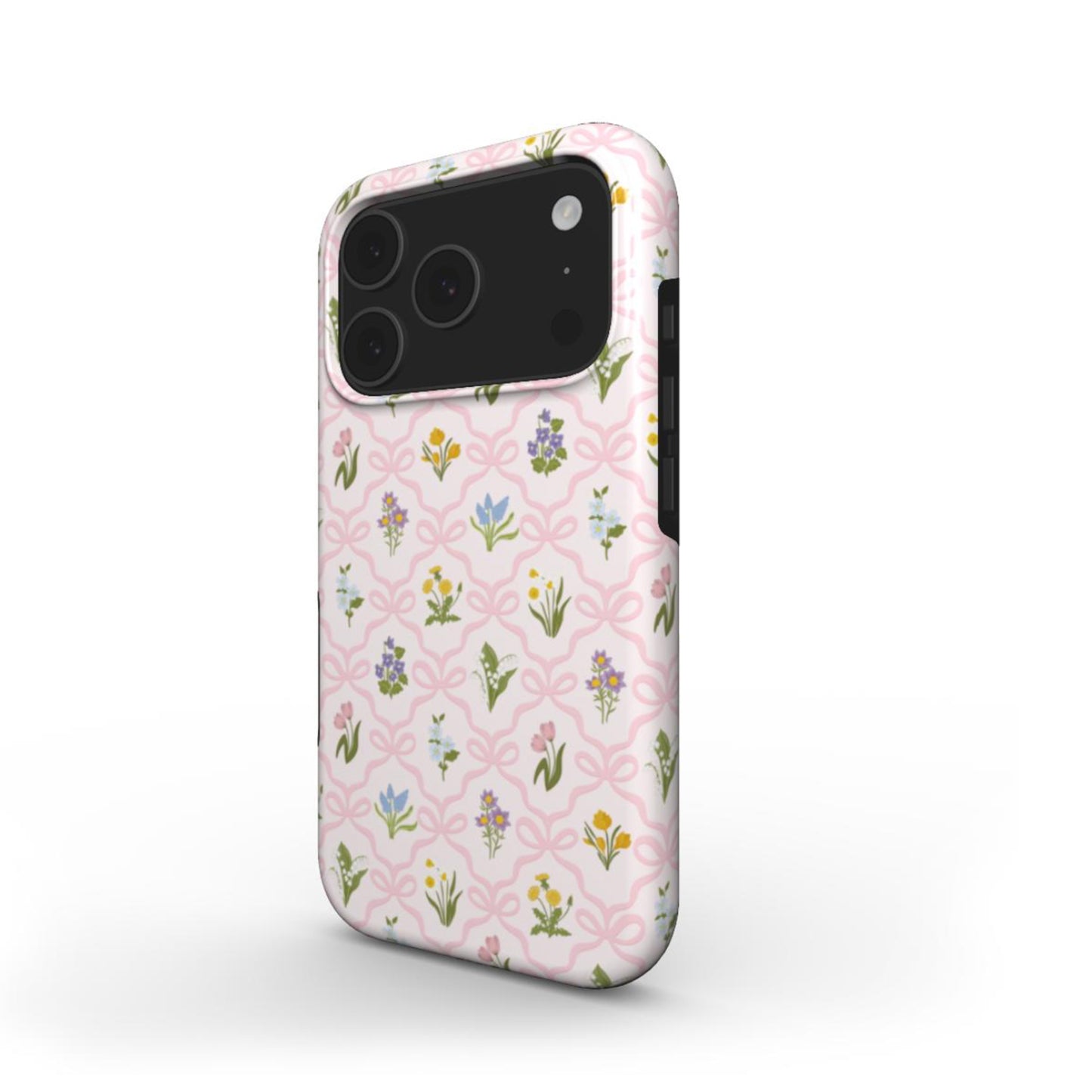 Side view of a tough floral phone case showing the protective bumper and vintage-inspired wildflower design on a blush pink background.