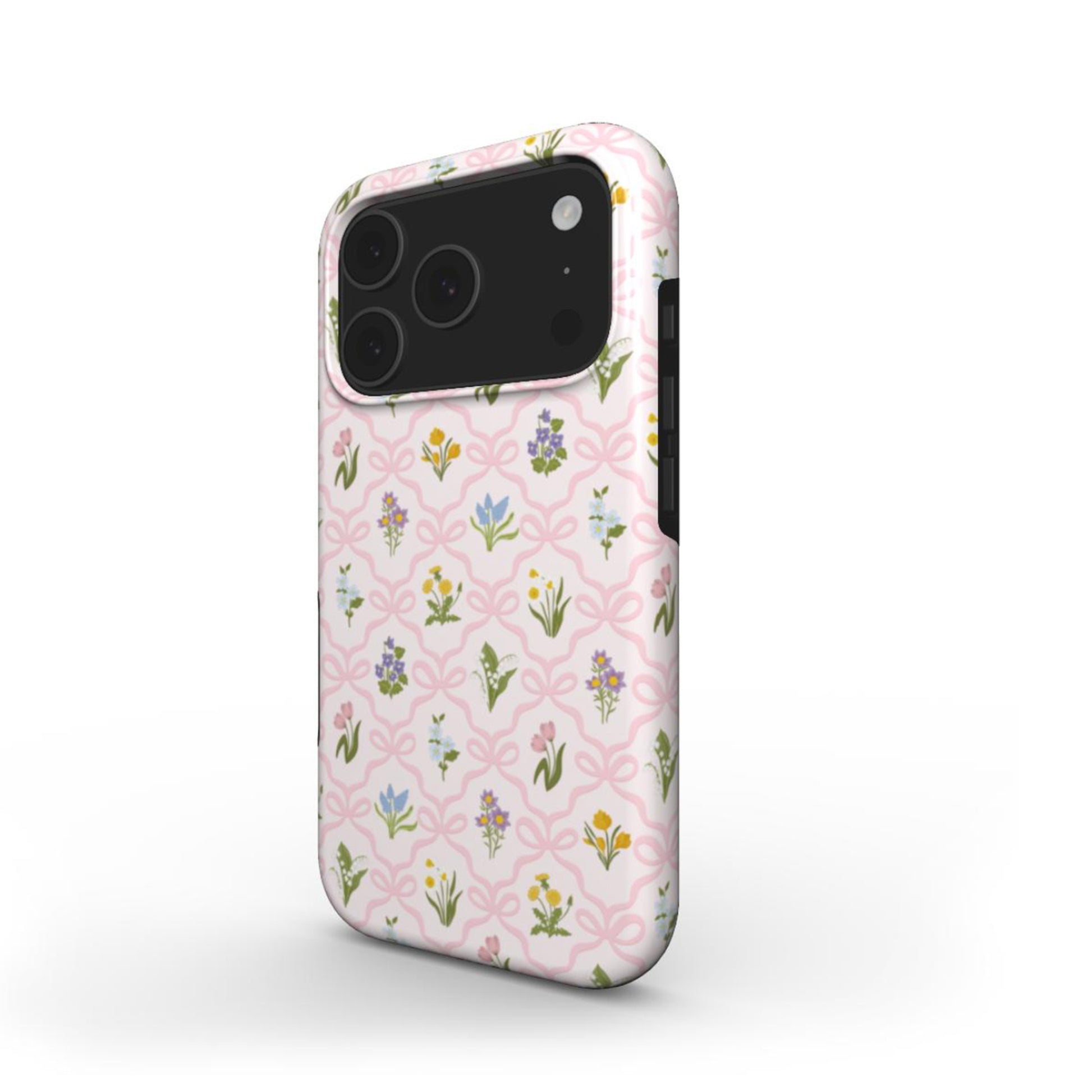 Side view of a tough floral phone case showing the protective bumper and vintage-inspired wildflower design on a blush pink background.