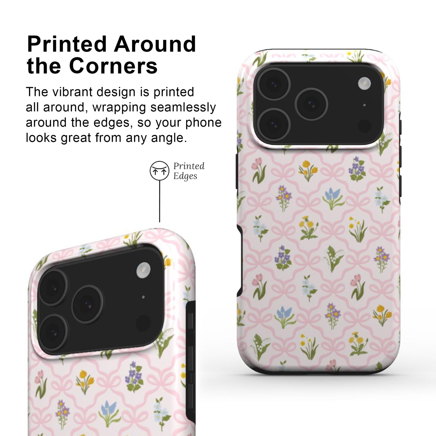 Protective tough phone case featuring spring wildflowers and pink bows, with durable all-over print.