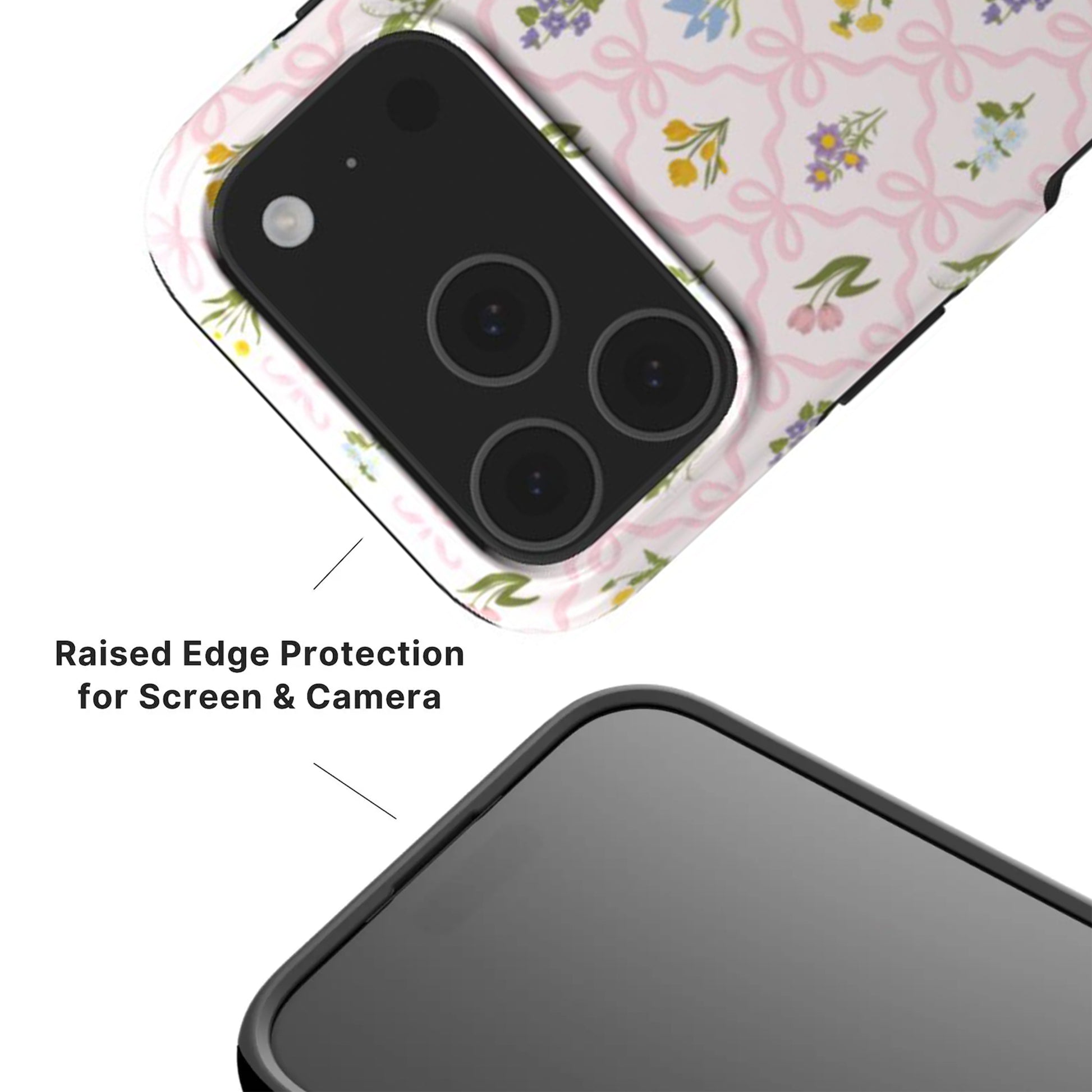 Tough floral phone case with raised camera protection, featuring a vintage wildflower and pink bow pattern 
