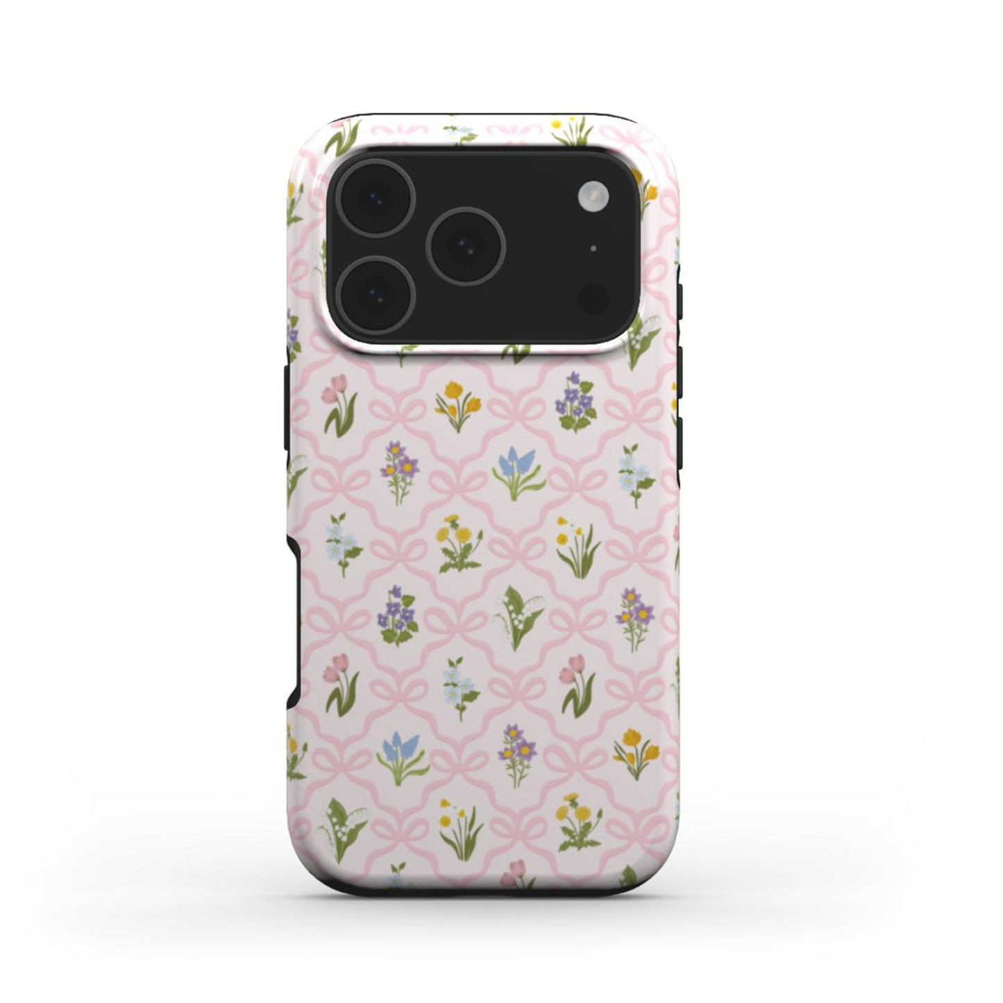 Tough phone case with a vintage wildflower pattern and soft pink bow lattice, combining floral charm with everyday protection.