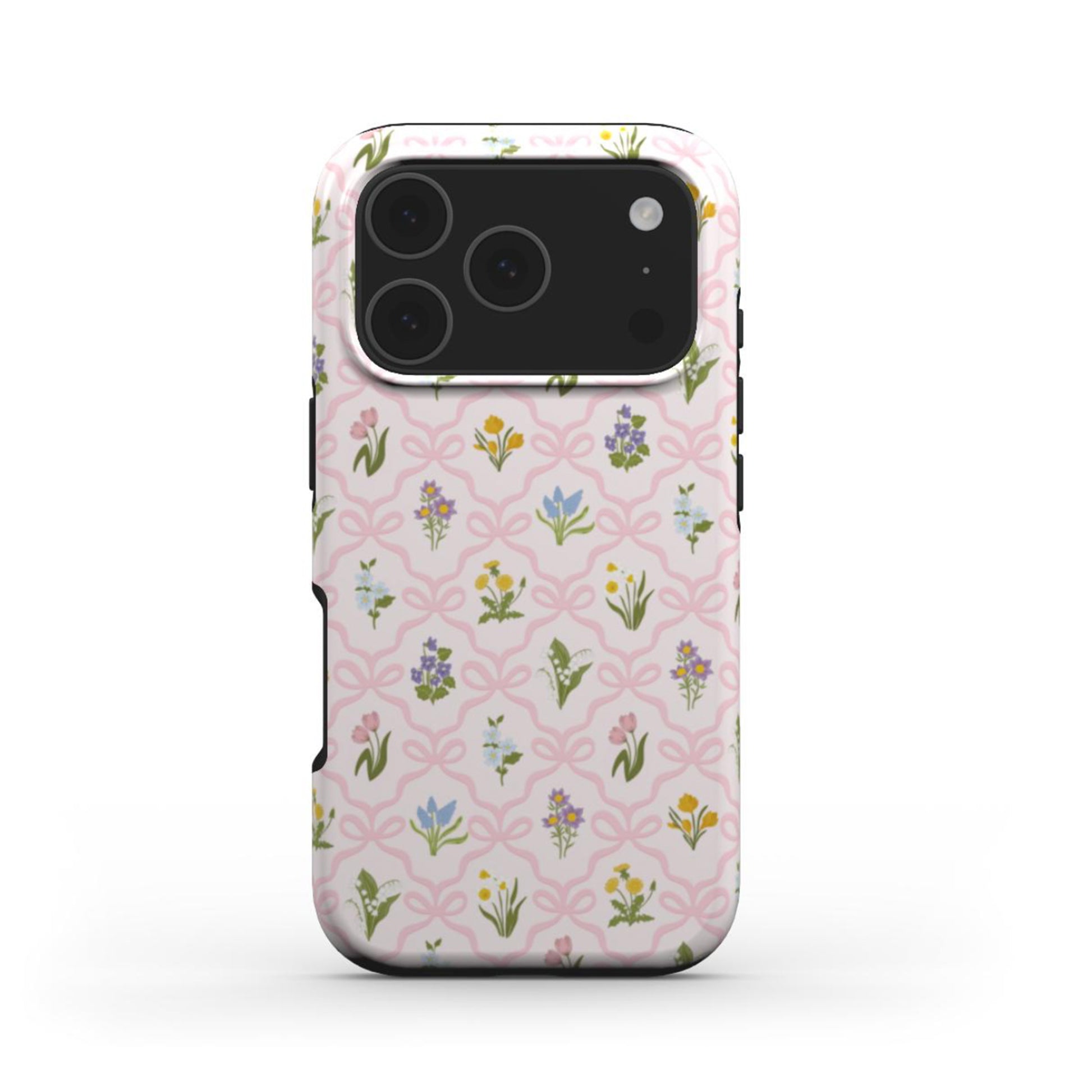 Tough phone case with a vintage wildflower pattern and soft pink bow lattice, combining floral charm with everyday protection.