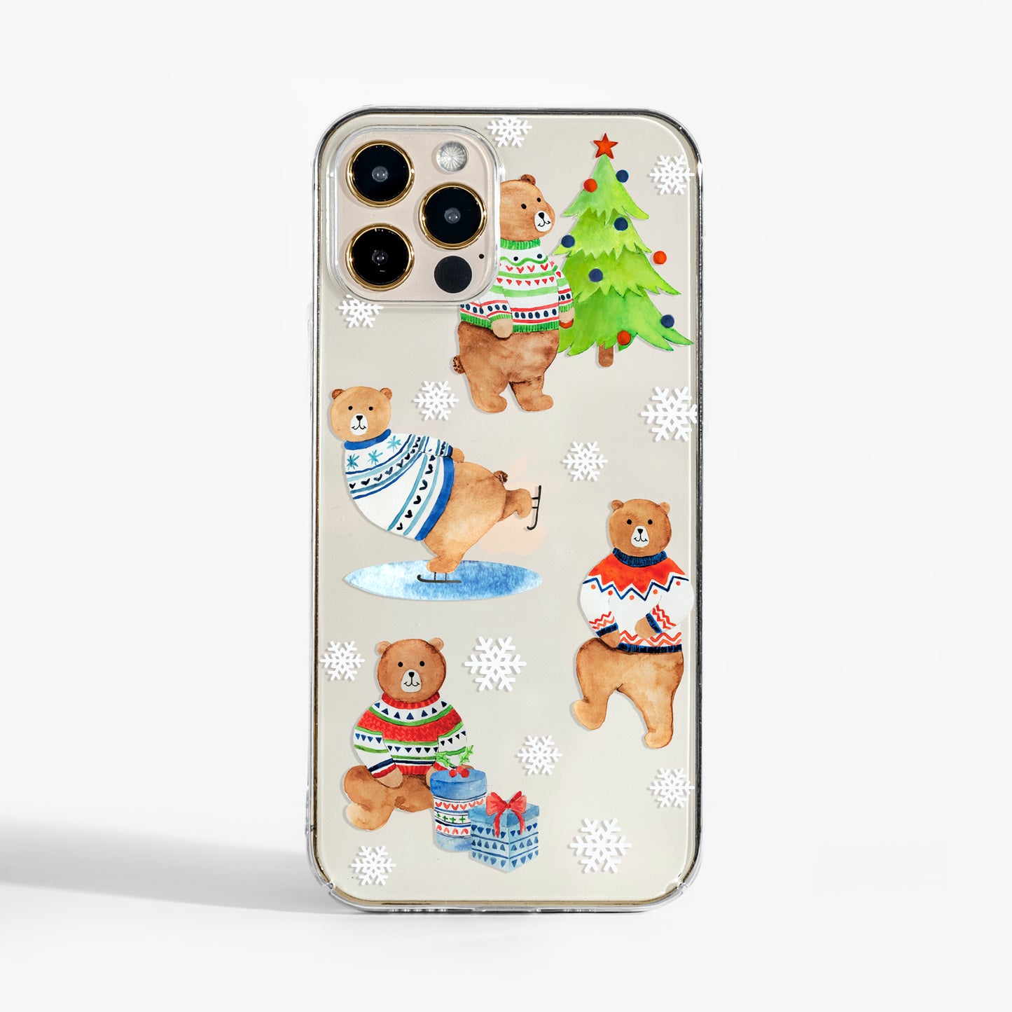 Clear Phone case with Christmas-themed design featuring watercolour bears in winter jumper and white snoflakes on a trasnparent background