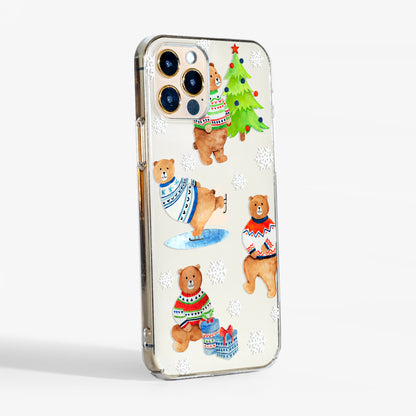 Side View of Winter Bears clear phone case showing transparent sides and snug fit