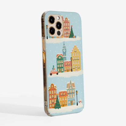 Side View showing clear sides and slim leightweight cover for the Winter town Phone case for everyday protection without unnecessary bulk